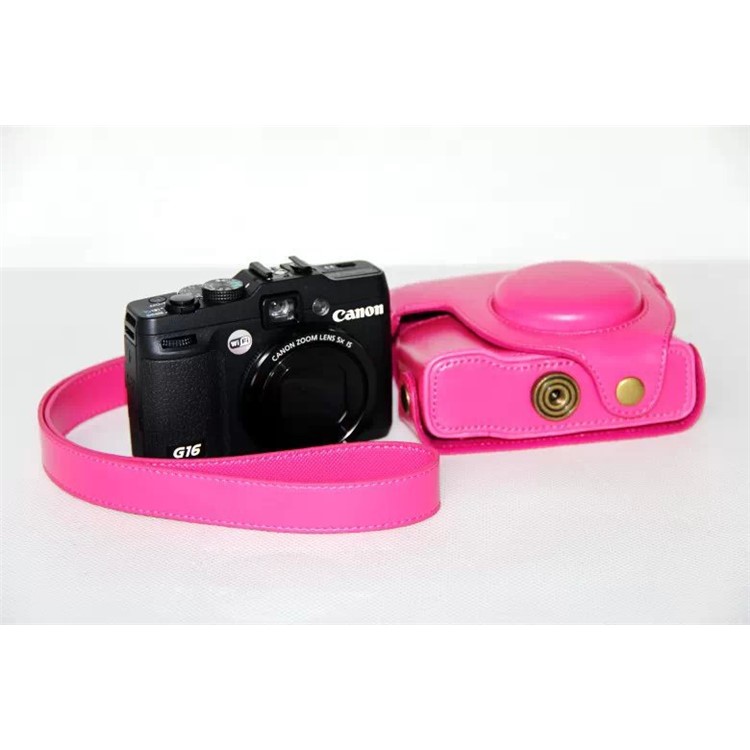 Pochette De Protection Pour Caméra En Cuir PU + Bandoulière Pour Canon Powershot G15 / G16 - Rose-3