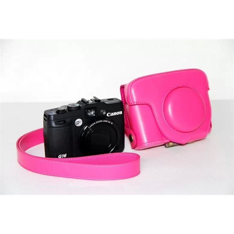 Pochette De Protection Pour Caméra En Cuir PU + Bandoulière Pour Canon Powershot G15 / G16 - Rose-4