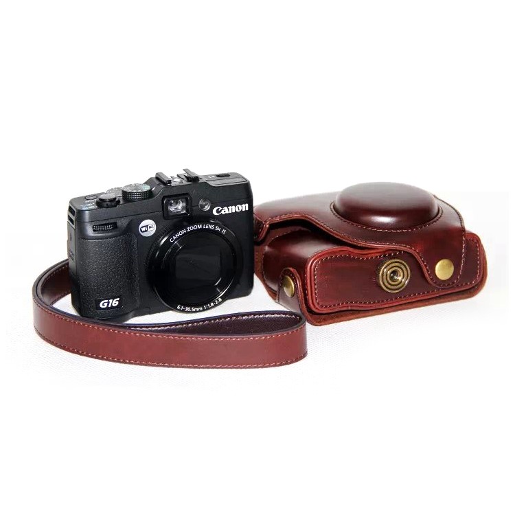PU Leather Camera Protector Case + Strap for Canon PowerShot G15/G16 - Coffee-1
