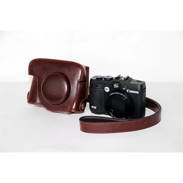 PU Leather Camera Protector Case + Strap for Canon PowerShot G15/G16 - Coffee-2