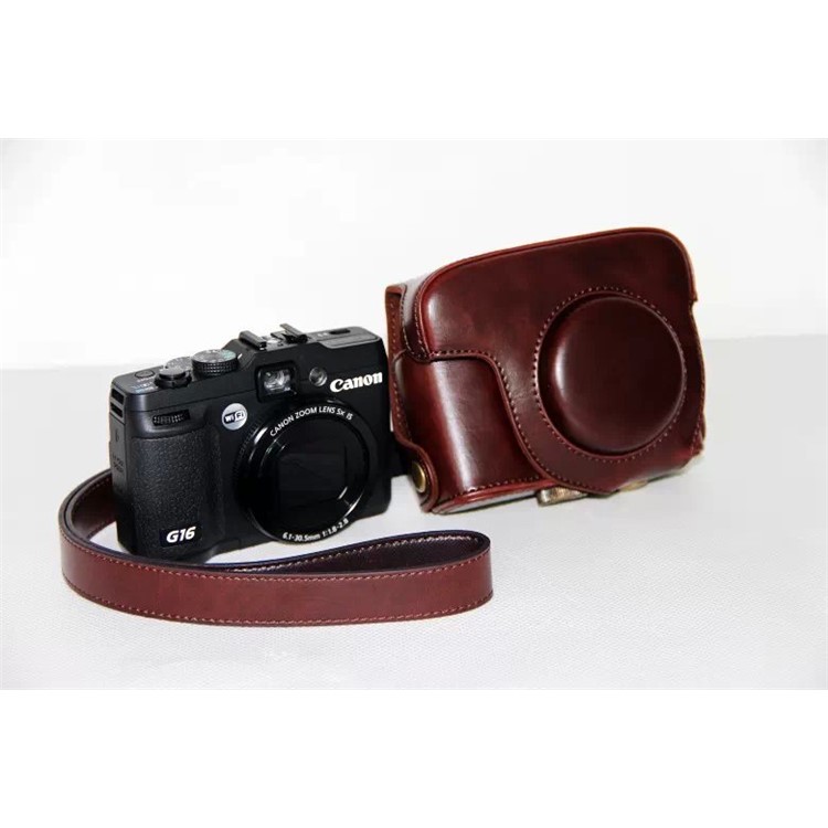 PU Leather Camera Protector Case + Strap for Canon PowerShot G15/G16 - Coffee-3