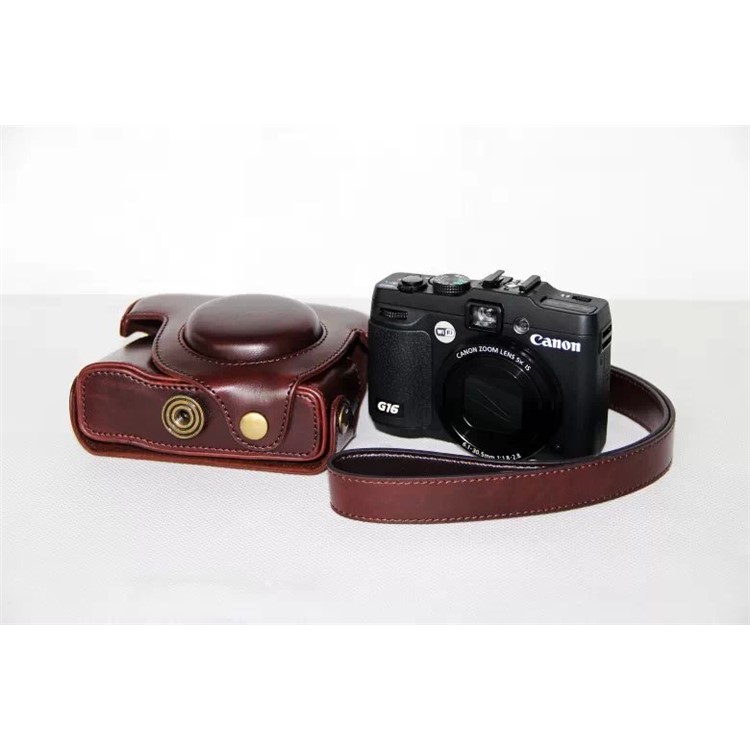 PU Leather Camera Protector Case + Strap for Canon PowerShot G15/G16 - Coffee-5