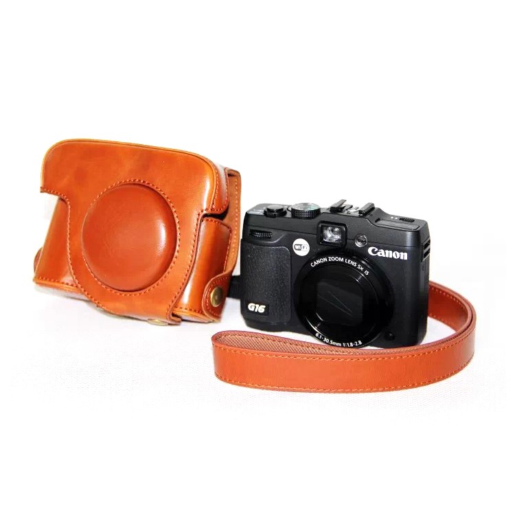 PU Leather Camera Protective Bag + Strap for Canon PowerShot G15/G16 - Brown-1