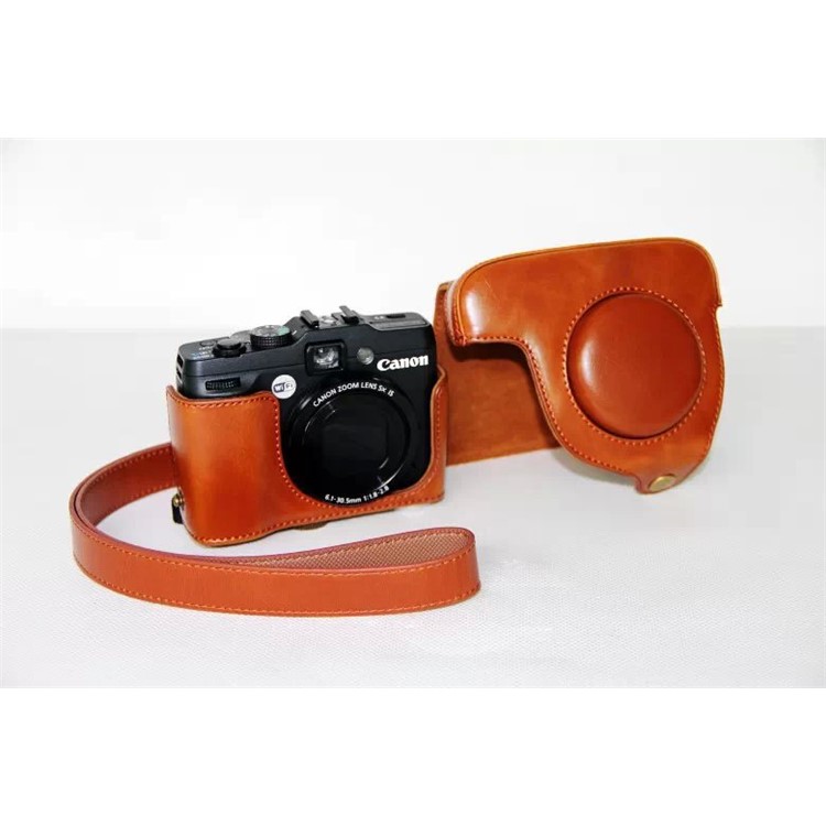 PU Leather Camera Protective Bag + Strap for Canon PowerShot G15/G16 - Brown-5