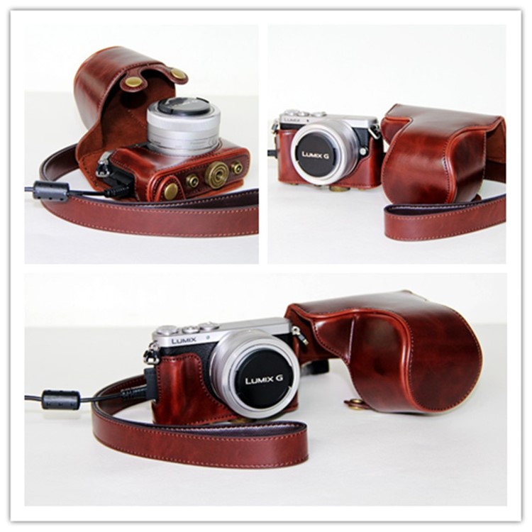 Leather Protective Camera Cover with Shoulder Strap for Panasonic Lumix DMC-GM1/GM2 with 12-32mm Lens - Coffee-3