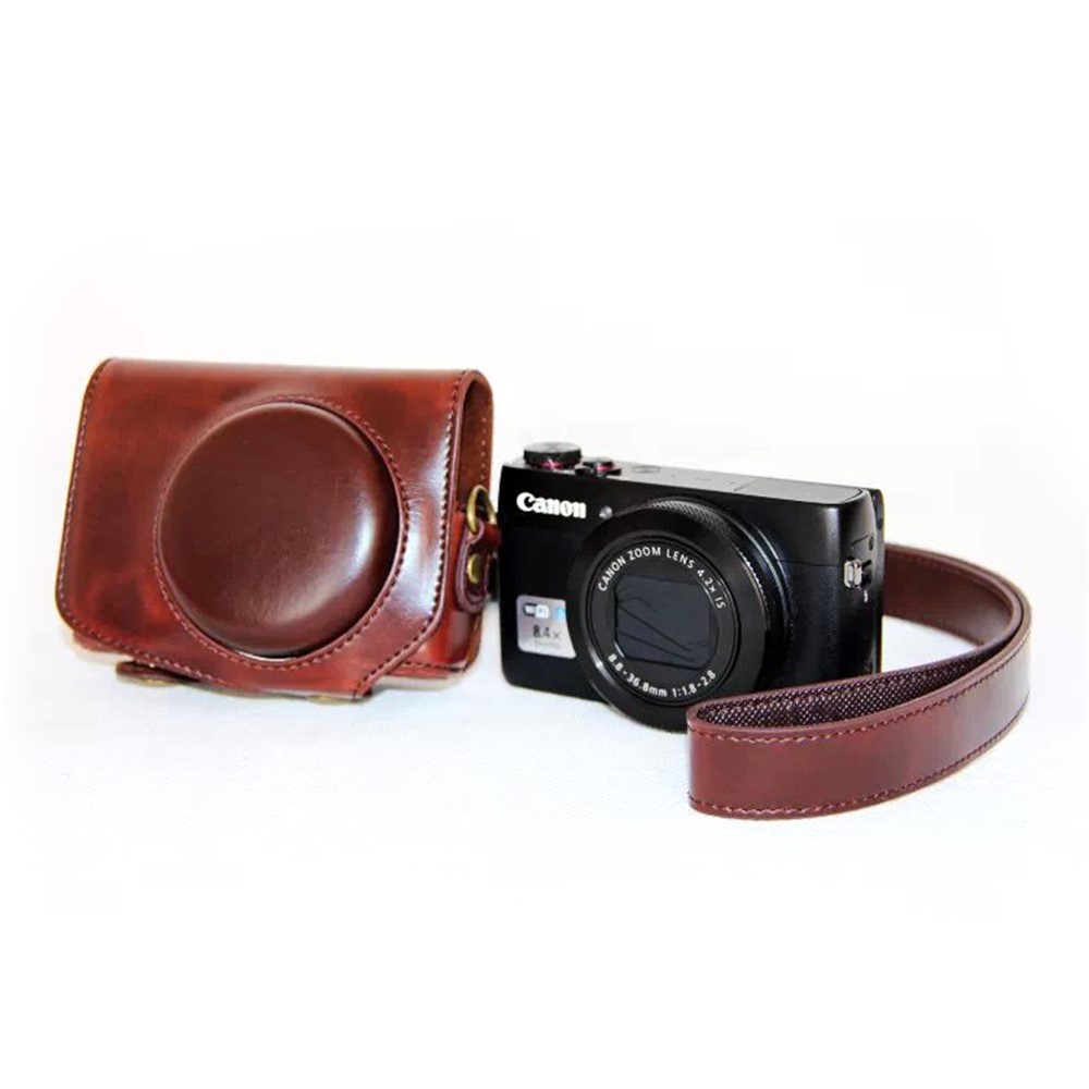 Protective PU Leather Camera Case with Shoulder Strap for Canon G7X - Coffee-1