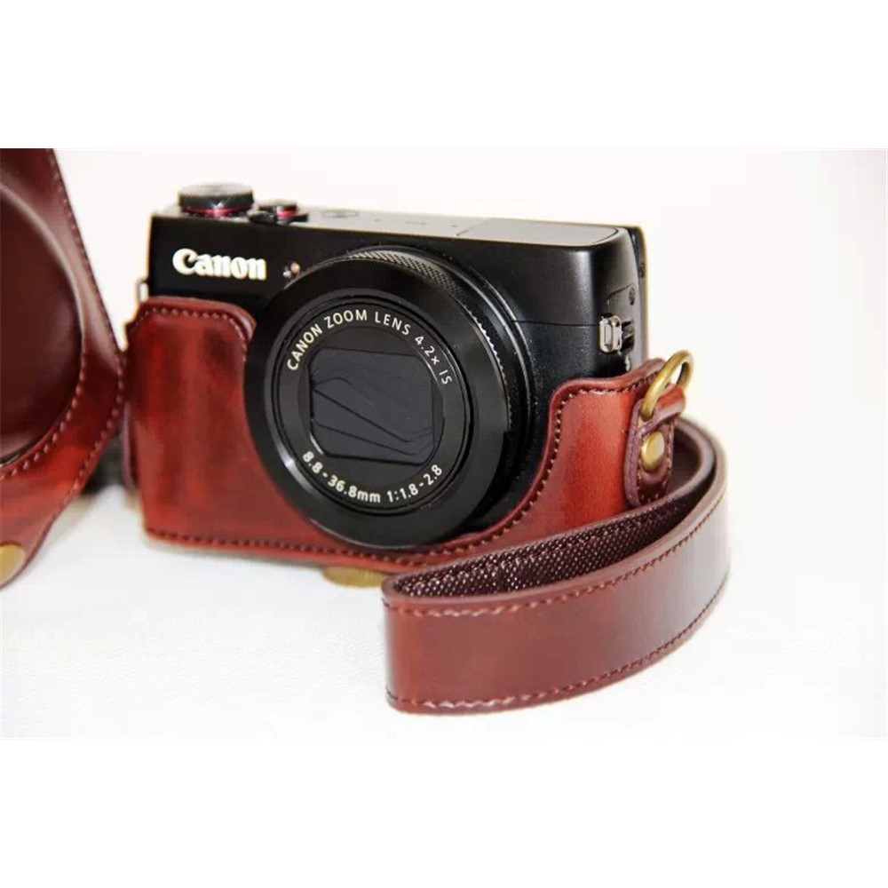Protective PU Leather Camera Case with Shoulder Strap for Canon G7X - Coffee-2