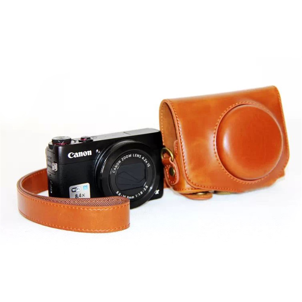 Protective Leather Camera Shell with Shoulder Strap for Canon G7X - Brown-1