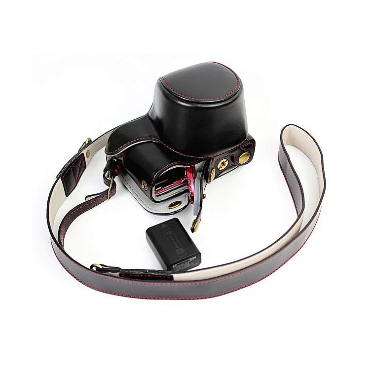 PU Leather Camera Case + Strap for Sony NEX-3N/Alpha a5000/Alpha a5100 with 16-50mm Lens - Black-1