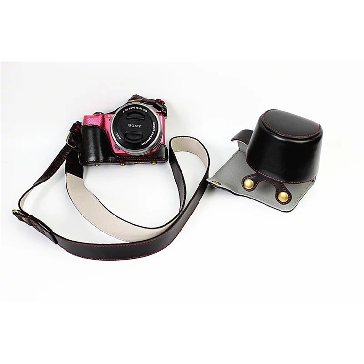 PU Leather Camera Case + Strap for Sony NEX-3N/Alpha a5000/Alpha a5100 with 16-50mm Lens - Black-3