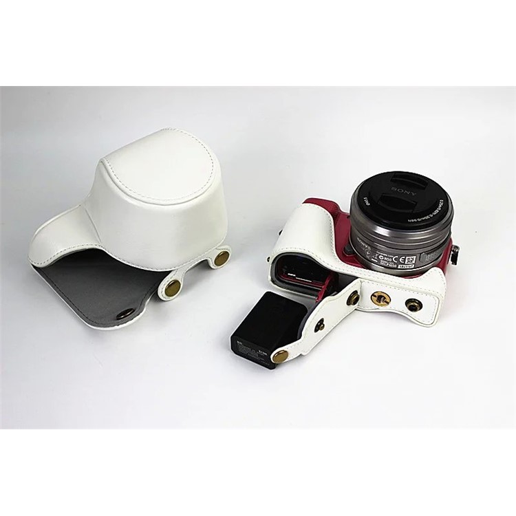 PU Leather Camera Cover + Strap for Sony NEX-3N/Alpha a5000/Alpha a5100 with 16-50mm Lens - White-3