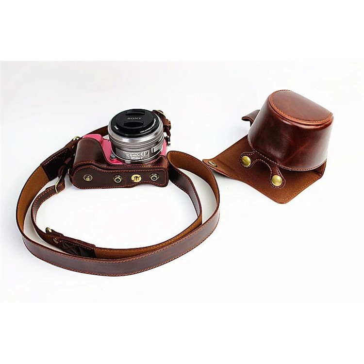 PU Leather Protective Case + Strap for Sony NEX-3N/Alpha a5000/Alpha a5100 with 16-50mm Lens - Coffee-2