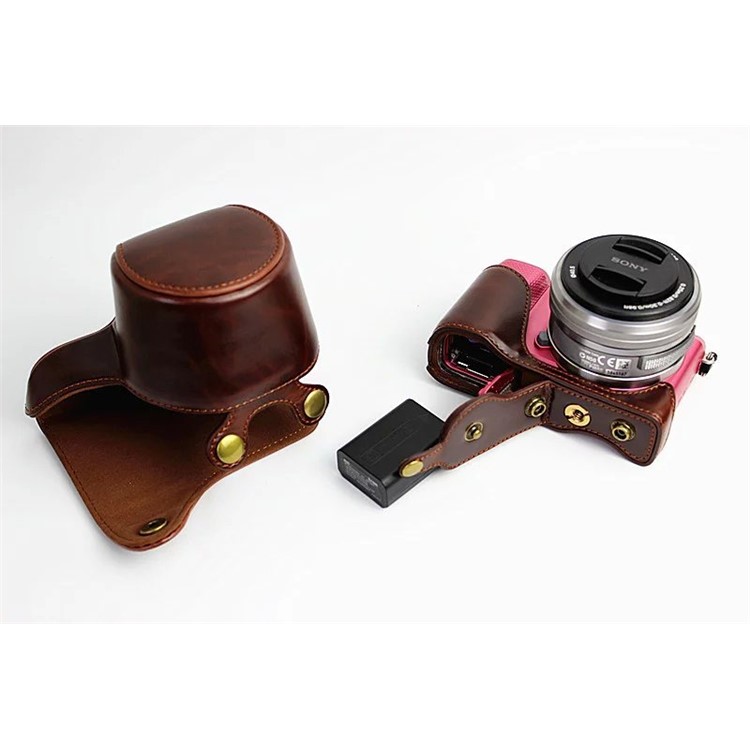 PU Leather Protective Case + Strap for Sony NEX-3N/Alpha a5000/Alpha a5100 with 16-50mm Lens - Coffee-6