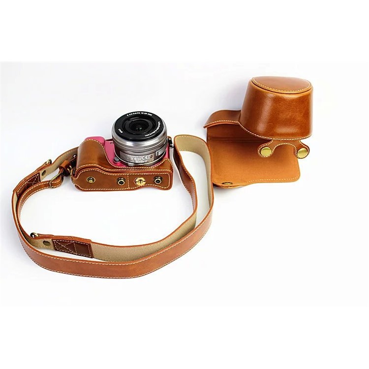 PU Leather Camera Protective Pouch + Strap for Sony NEX-3N/Alpha a5000/Alpha a5100 with 16-50mm Lens - Brown-3