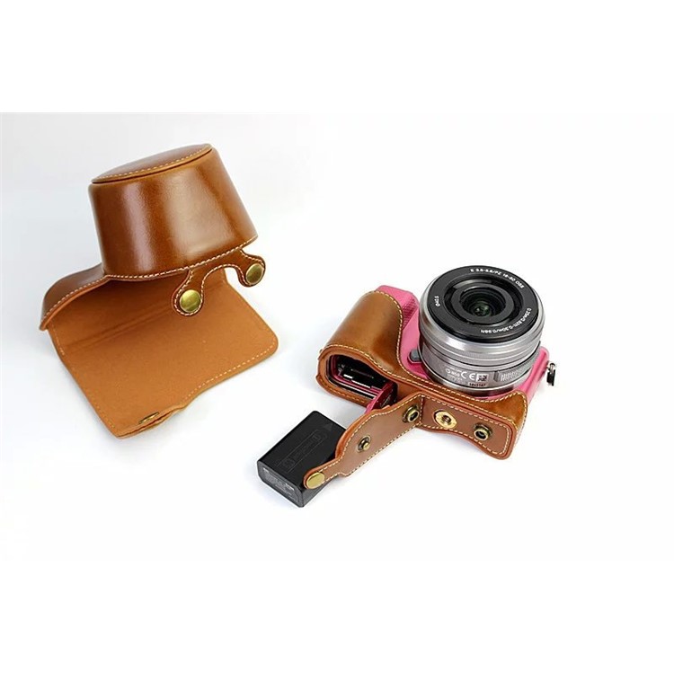 PU Leather Camera Protective Pouch + Strap for Sony NEX-3N/Alpha a5000/Alpha a5100 with 16-50mm Lens - Brown-4