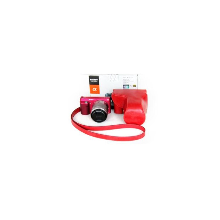 PU Leather Protective Camera Cover Shell for Sony NEX-F3 18-55mm - Red-1