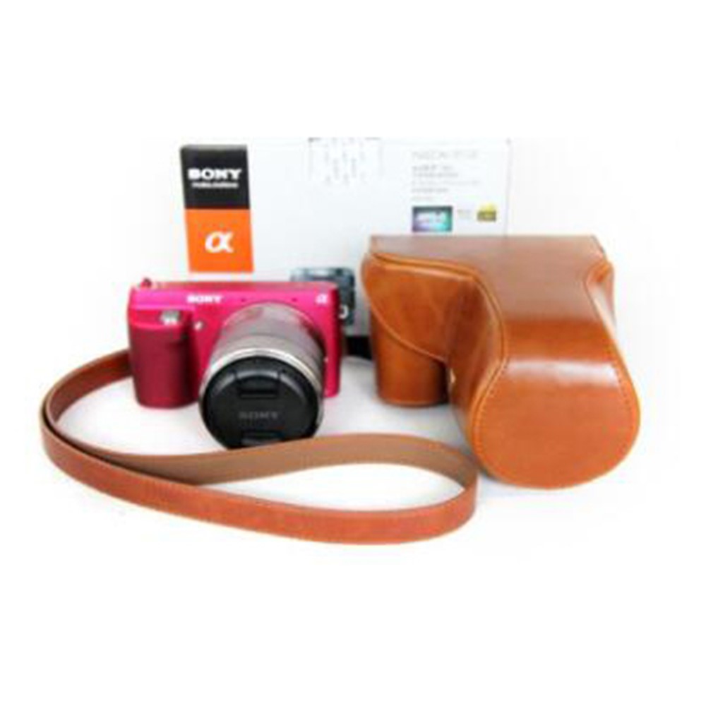 PU Leather Camera Protective Shell + Strap for Sony NEX-F3 18-55mm - Brown-1
