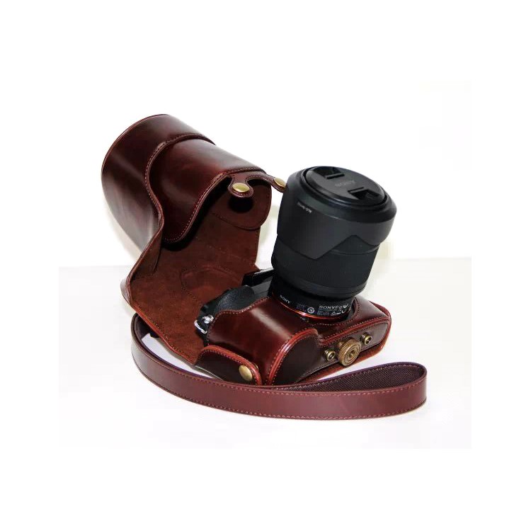 PU Leather Camera Protection Cover + Strap for Sony a7R with 28-70mm Lens - Coffee-1