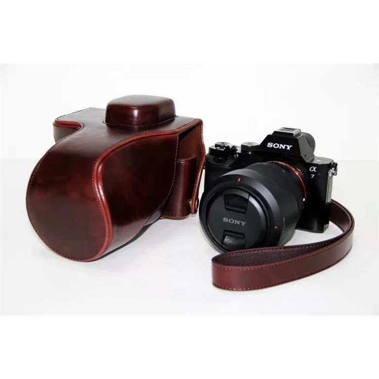 PU Leather Camera Protection Cover + Strap for Sony a7R with 28-70mm Lens - Coffee-2