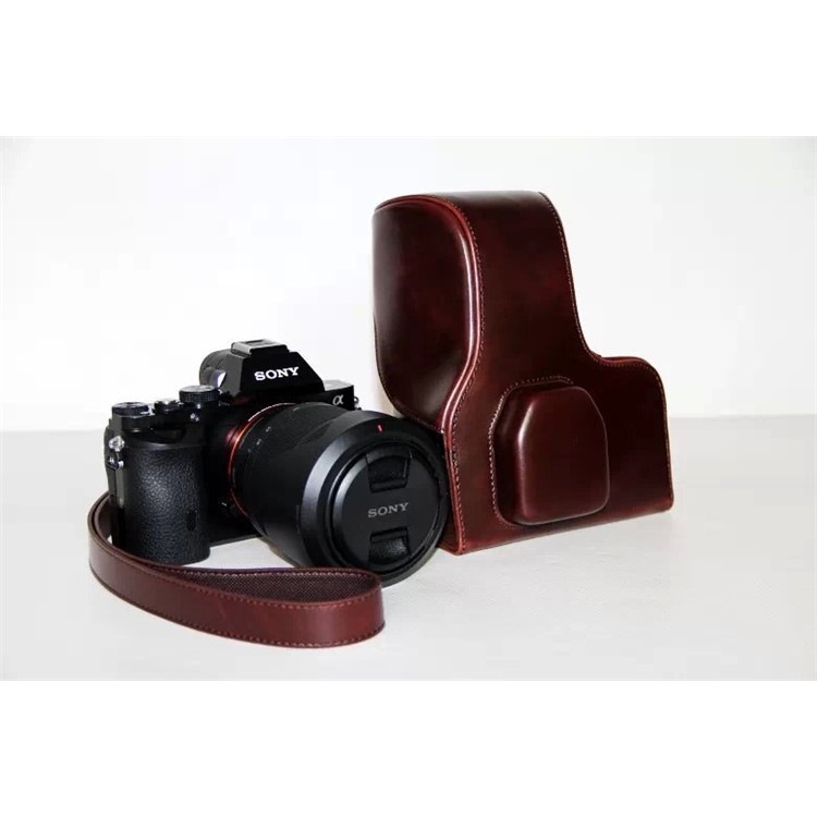 PU Leather Camera Protection Cover + Strap for Sony a7R with 28-70mm Lens - Coffee-3