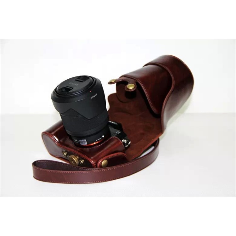 PU Leather Camera Protection Cover + Strap for Sony a7R with 28-70mm Lens - Coffee-4