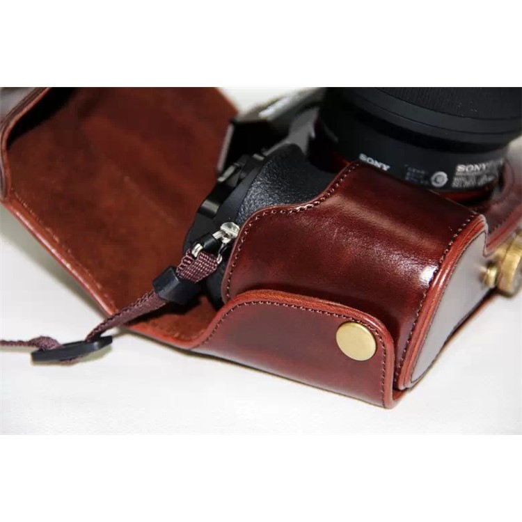 PU Leather Camera Protection Cover + Strap for Sony a7R with 28-70mm Lens - Coffee-7