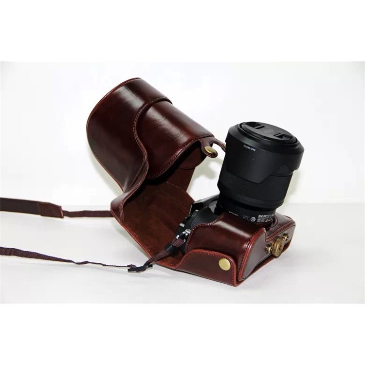 PU Leather Camera Protection Cover + Strap for Sony a7R with 28-70mm Lens - Coffee-8