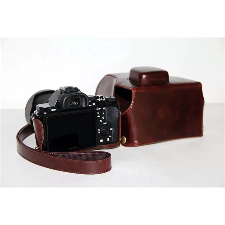 PU Leather Camera Protection Cover + Strap for Sony a7R with 28-70mm Lens - Coffee-9