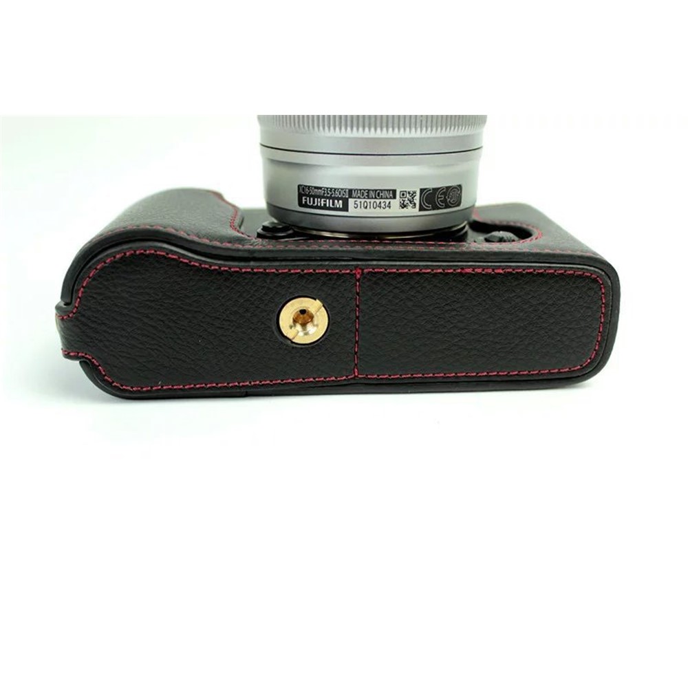 Genuine Split Leather Half Camera Case Bag for Fujifilm XE1 XE2 - Black-3