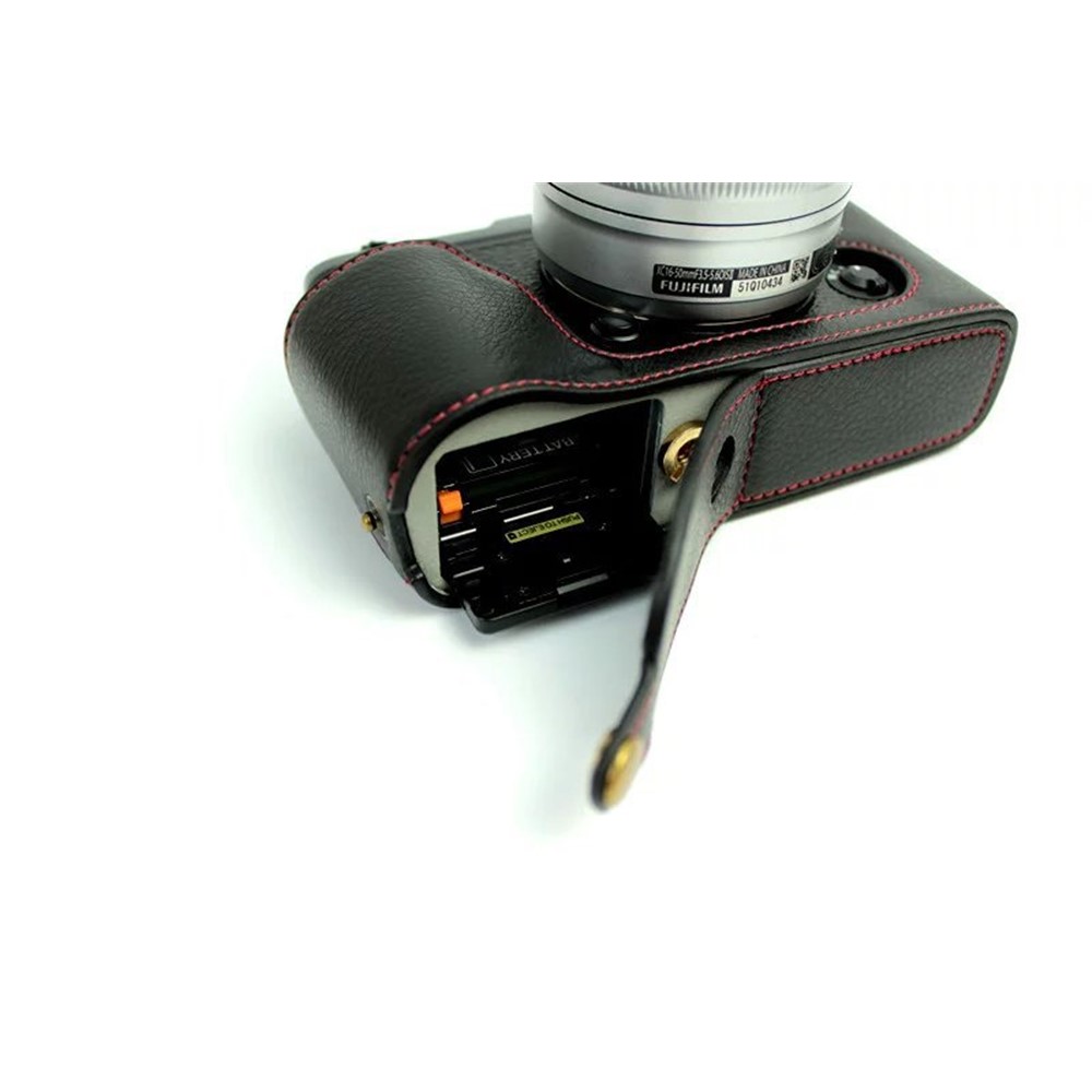 Genuine Split Leather Half Camera Case Bag for Fujifilm XE1 XE2 - Black-5