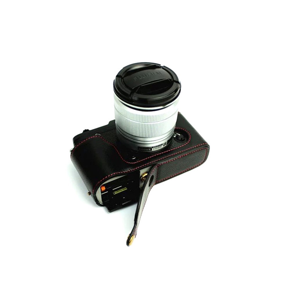 Genuine Split Leather Half Camera Case Bag for Fujifilm XE1 XE2 - Black-7