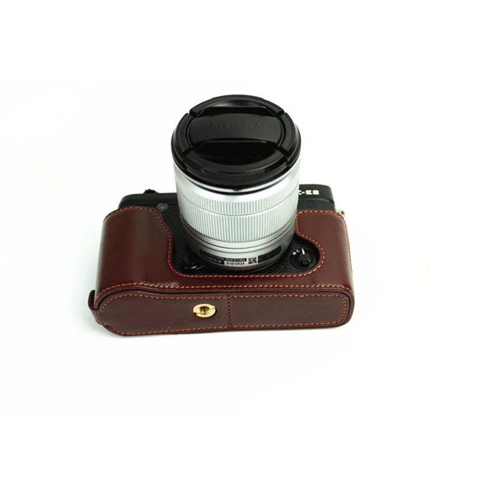Genuine Split Leather Half Camera Bag Cover for Fujifilm XE1 XE2 - Coffee-2