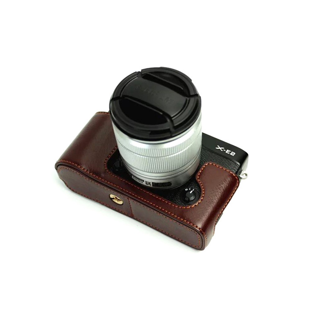 Genuine Split Leather Half Camera Bag Cover for Fujifilm XE1 XE2 - Coffee-3