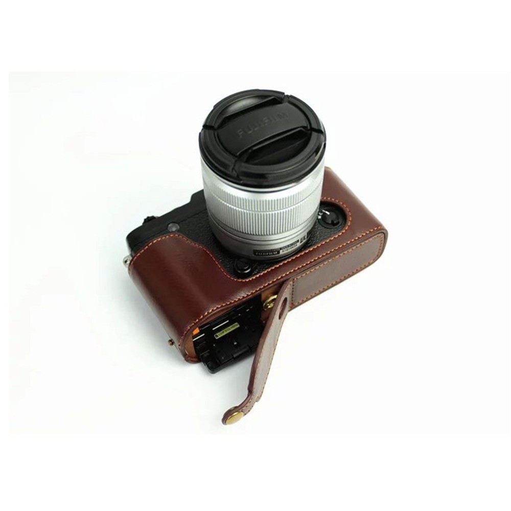 Genuine Split Leather Half Camera Bag Cover for Fujifilm XE1 XE2 - Coffee-4