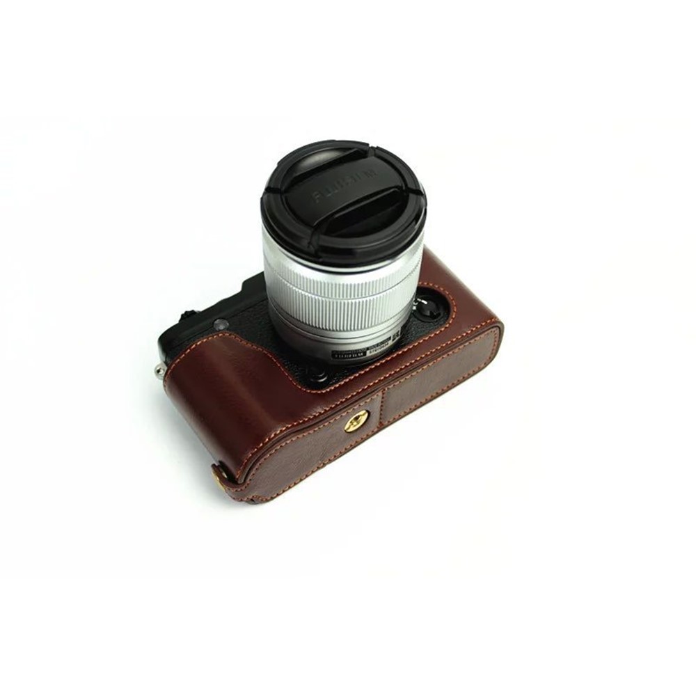 Genuine Split Leather Half Camera Bag Cover for Fujifilm XE1 XE2 - Coffee-5