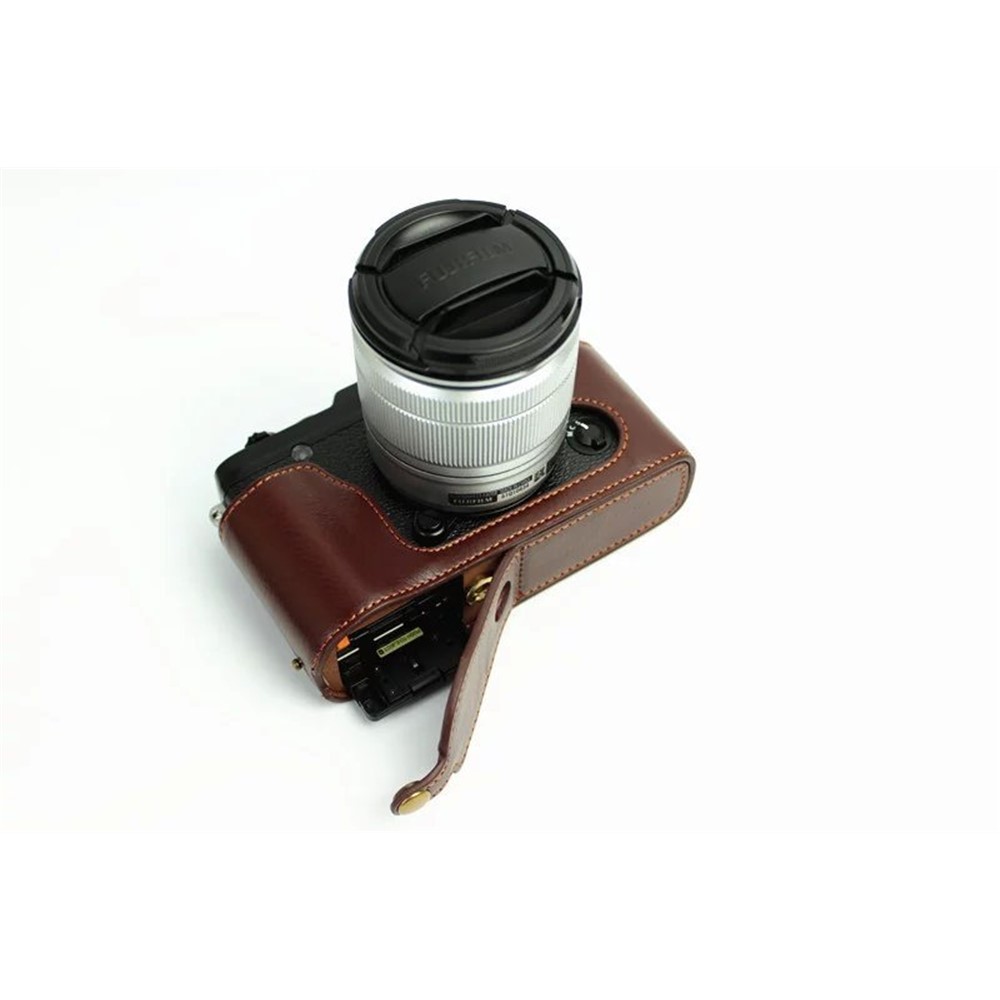 Genuine Split Leather Half Camera Bag Cover for Fujifilm XE1 XE2 - Coffee-6