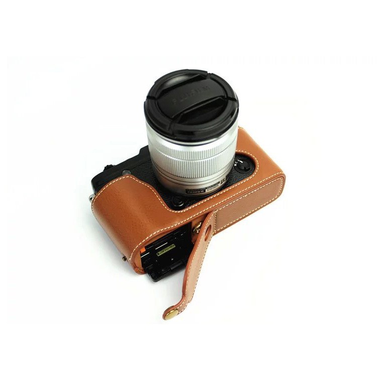 Genuine Split Leather Half Camera Protective Bag for Fujifilm XE1 XE2 - Brown-1