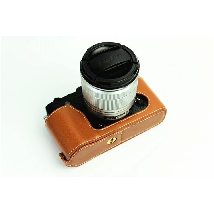 Genuine Split Leather Half Camera Protective Bag for Fujifilm XE1 XE2 - Brown-7