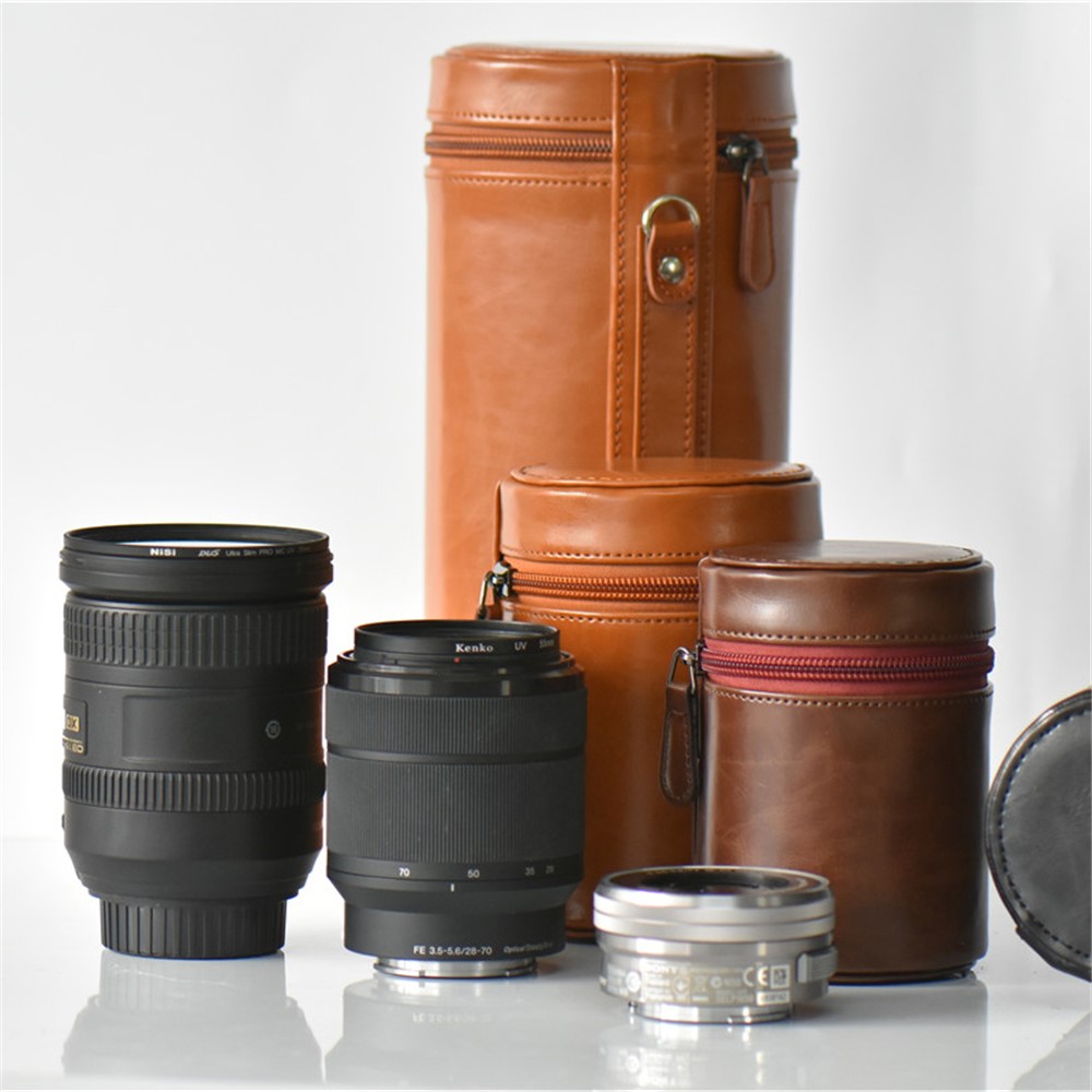 Camera Lens Bag Lens Pocket PU Leather Cover for Nikon Canon Sony Fujifilm etc - Size: L / Brown-15