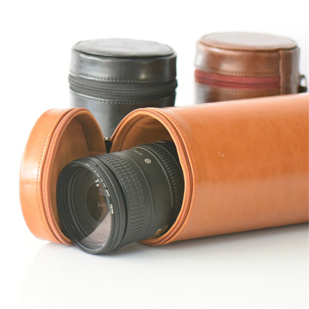 Camera Lens Bag Lens Pocket PU Leather Cover for Nikon Canon Sony Fujifilm etc - Size: L / Brown-8