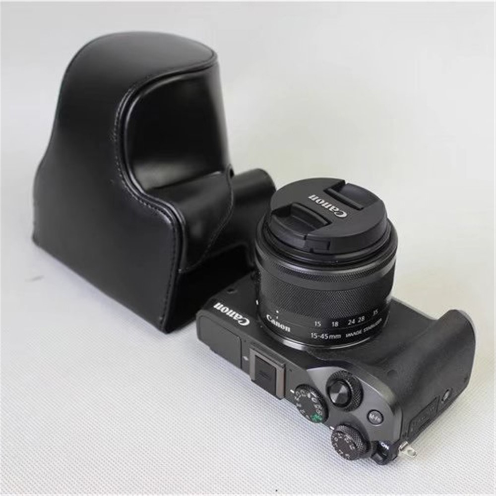 Custodia Per Fotocamera in Pelle PU Staccabile + Cinghia Per Canon EOS M6 (15-45mm) - Nero