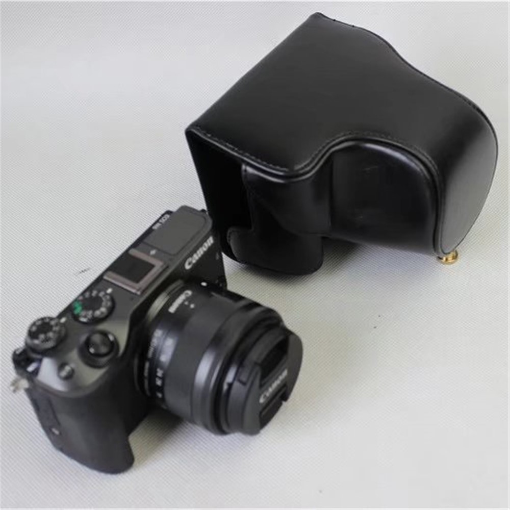 Caixa de Câmera de Couro PU Destacável + Cinta Para Canon EOS M6 (15-45mm) - Preto