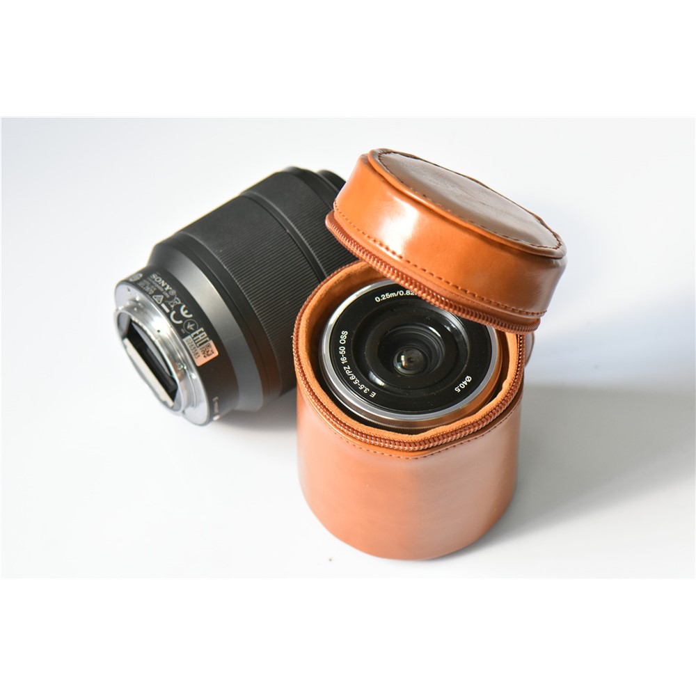 Camera Lens PU Leather Bag Cover for Nikon Canon Sony Fujifilm etc - Size: M / Brown-3