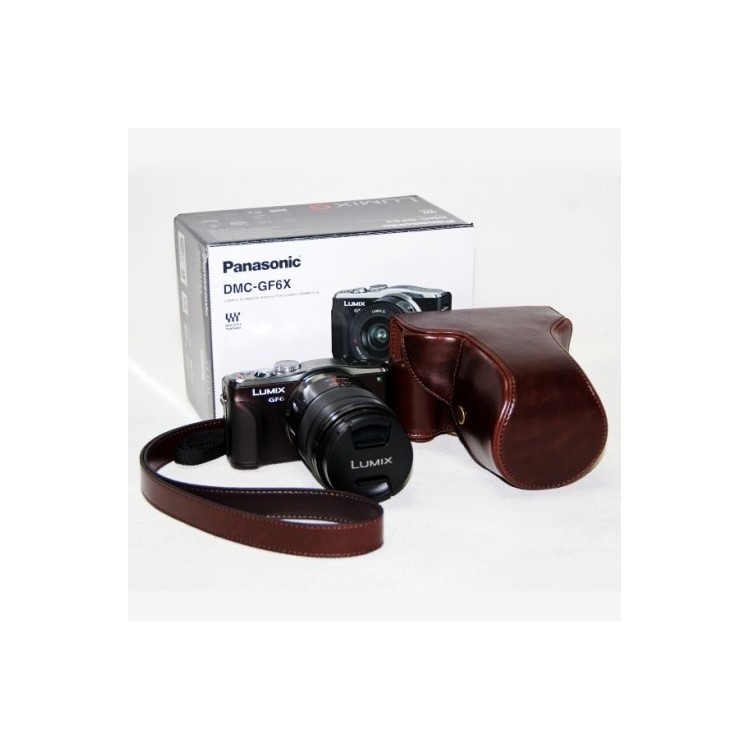 Detachable PU Leather Camera Case + Strap for Panasonic GF6 with 14-42mm Lens - Coffee-1
