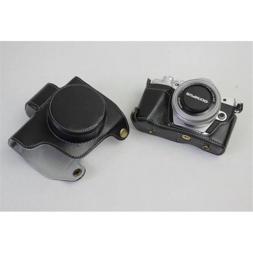 Genuine Cowhide Leather Camera Protection Case for Olympus OMD E-M10III - Black-2