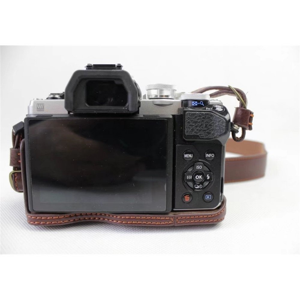Genuine Cowhide Leather Camera Protection Cover Bag for Olympus OMD E-M10III - Coffee-10