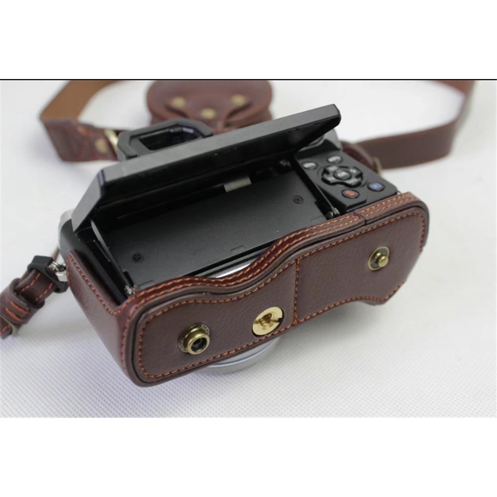 Genuine Cowhide Leather Camera Protection Cover Bag for Olympus OMD E-M10III - Coffee-12