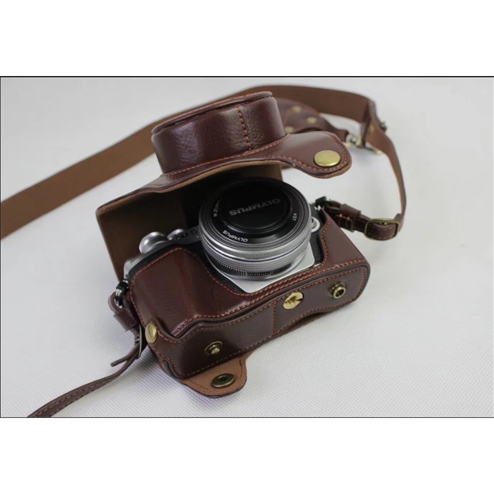 Genuine Cowhide Leather Camera Protection Cover Bag for Olympus OMD E-M10III - Coffee-4