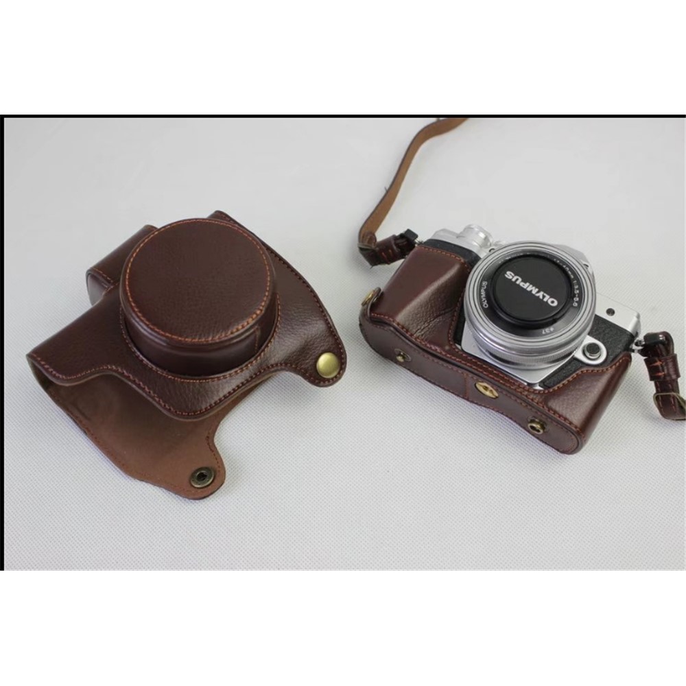 Genuine Cowhide Leather Camera Protection Cover Bag for Olympus OMD E-M10III - Coffee-5