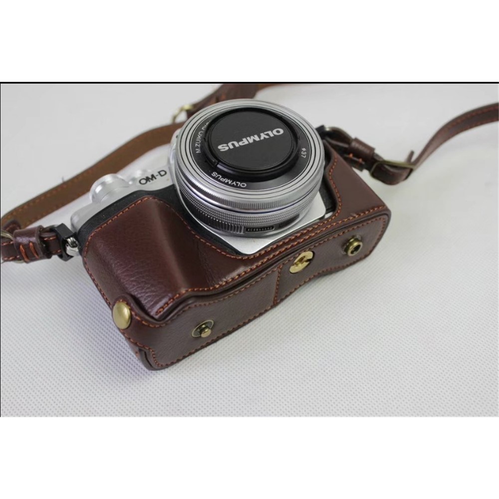 Genuine Cowhide Leather Camera Protection Cover Bag for Olympus OMD E-M10III - Coffee-6